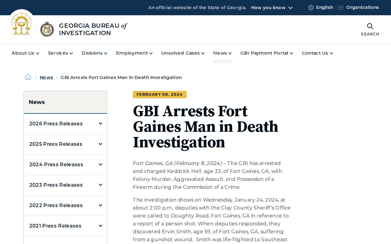 Georgia Bureau of Investigation Fort Gaines crime news release for Clay County record research