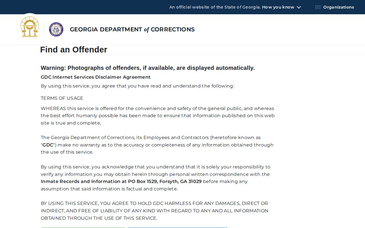 Georgia Department of Corrections offender search form for Clay County custody research